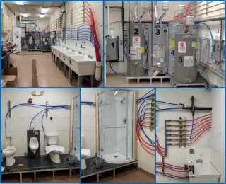 Collage of photos of the full-scale premise plumbing system components, including hot water heaters, faucets, showers, toilets, and other home appliances.