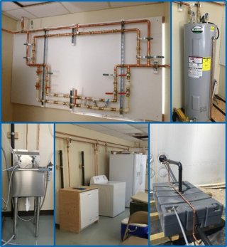 A collage of photos showing the Water Security Test Bed's home plumbing and appliance setup.