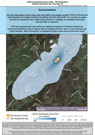 This map shows EPA’s estimate of lifetime cancer risks from breathing ethylene oxide near DeRoyal Industries, 1135 Highway 33, South New Tazewell, TN. Estimated cancer risk decreases with distance from the facility. Nearest the facility, the estimated lifetime cancer risk is 5,000 in a million. This drops to 100 in a million and extends south 0.5 miles of Tommy Lane; 200’ west of Curtiss Dr; northeast to Lisa Dr; and extend north 200’ of Russell Rd. The Heritage Christian Academy is 1500’ northwest. 