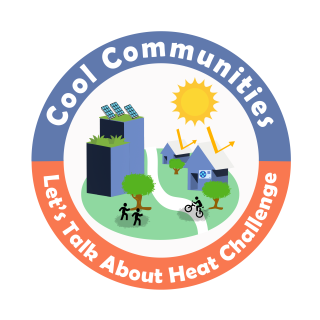 Let's Talk About Heat Challenge icon showing buildings and trees with people trying to keep cool. 