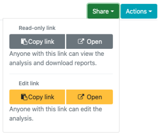 BMDS Online Share menu showing options for read-only or editable links