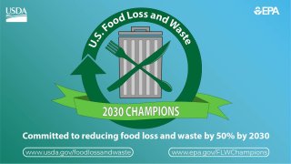 Graphic of a trashcan with crossing utensils signifying no food loss and waste for the 2030 Champions. 