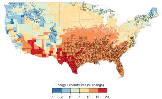 This figure shows county-level median projected increases in energy expenditures for average 2080–2099 impacts under the higher scenario (RCP8.5). Impacts are changes relative to no additional change in climate. Color indicates the magnitude of increases in energy expenditures in median projection; outline color indicates level of agreement across model projections (thin white outline, inner 66% of projections disagree in sign; no outline, more than 83% of projections agree in sign (continued on NCA site)