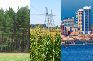 Composite image showing three pictures: a forest of conifers, a cornfield with a transmission tower in it, and a medium sized city's downtown area.