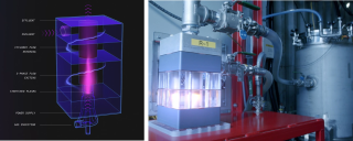 Onvector’s plasma vortex technology shown in a rendering (left) and installed for performance validation at a pilot test site (right). 