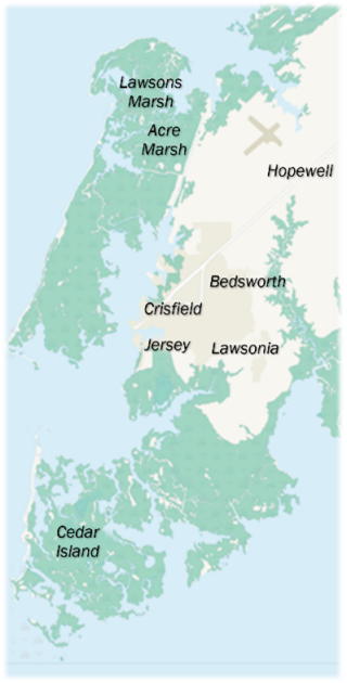 Map of the Chesapeake Bay indicating where the City of Crisfield is located