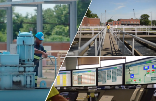 Person working on infrastructure at a water facility, person walking along cement walkway lined with railings in between water treatment tanks, and a person monitoring a water utility on four computer monitors. 