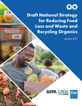 This is a screenshot of the front cover of the Draft National Strategy for Reducing Food Loss and Waste and Recycling Organics. It has the EPA logo, the USDA logo, and the FDA logo on it. There is also a picture of storage containers in a refrigerator with date labels on them, a picture of a man carrying a box of vegetables, and a picture of wasted food in a compost pile with a hand holding some dirt. 