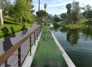 Rendering of a restored lake, public path, and treatment wetlands.