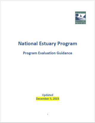 White cover of the National Estuary Program's updated Program Evaluation Guidance written December 5, 2023