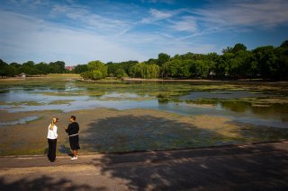 Two women look at a lake with a harmful algal bloom