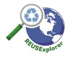 Logo of the REUSExplorer, with an illustrated magnifying glass overtop a drawing of the Earth as a globe.