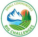 Logo with mountain and river scene in the center, saying: Small Communities, Big Challenges