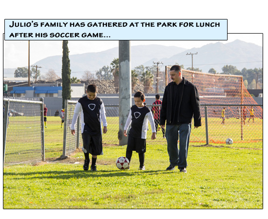 Brothers Julio and Johnny kick a soccer ball together while walking with their father, Cesar, in the park.