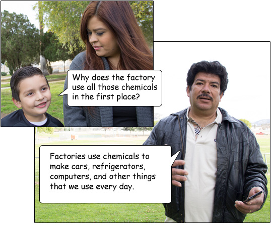 , Julio asks Miguel, “Why does the factory use all those chemicals in the first place?”  Miguel answers, “Factories use chemicals to make cars, refrigerators, computers, and other things that we use every day.”  