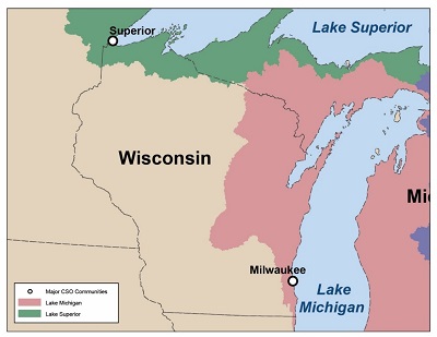 Map of CSO communities in Wisconsin that drain to the Great Lakes Basin