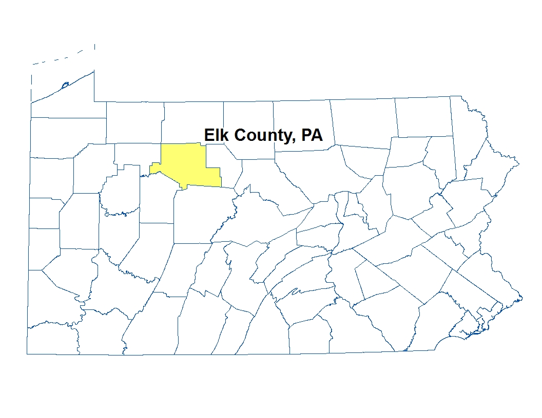 A map of Pennsylvania highlighting the location of Elk County
