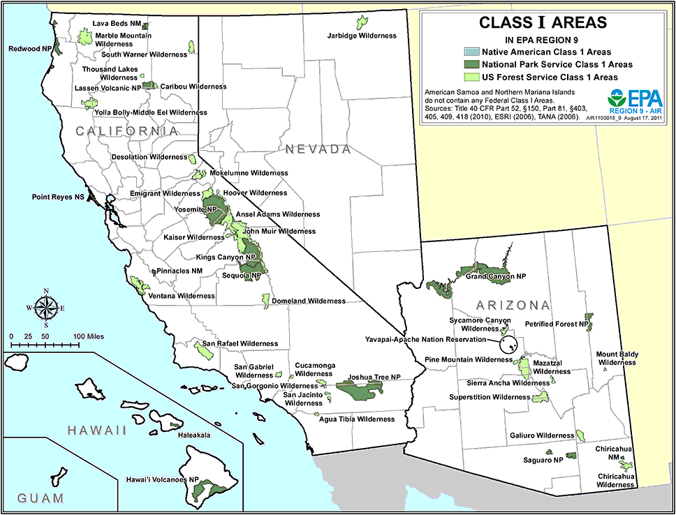 Map of EPA Region 9 Federal Class 1 Areas