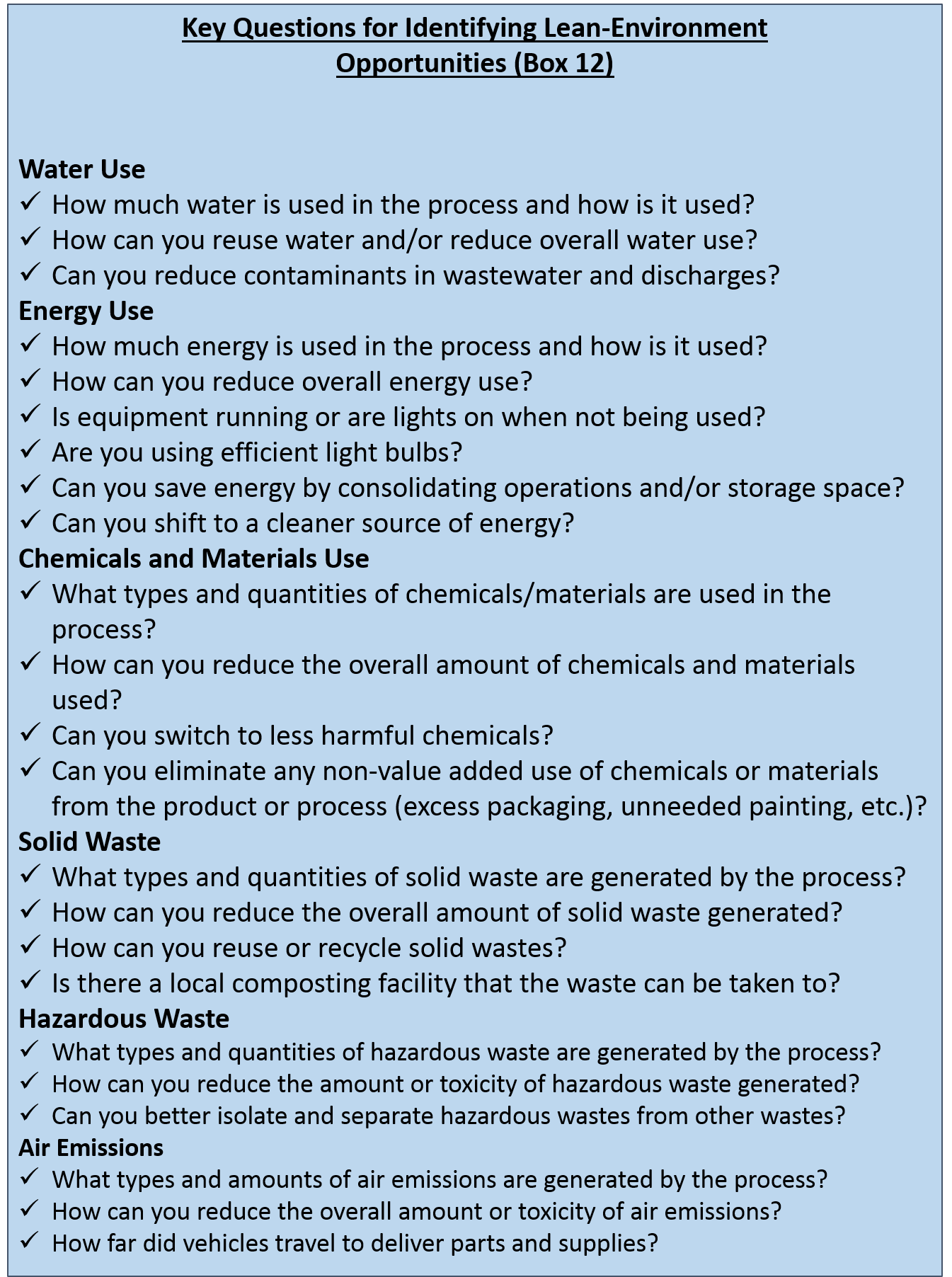 Key Questions for Identifying Lean-Environment Opportunities (Box 12)