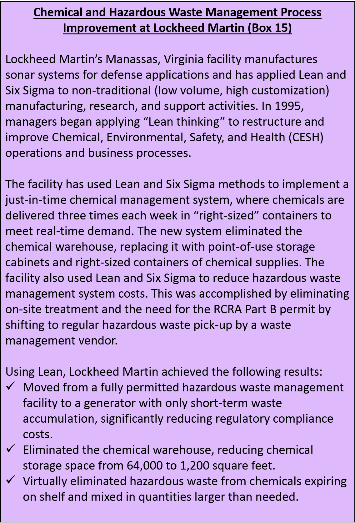 Chemical and Hazardous Waste Management Process Improvement at Lockheed Martin (Box 15)