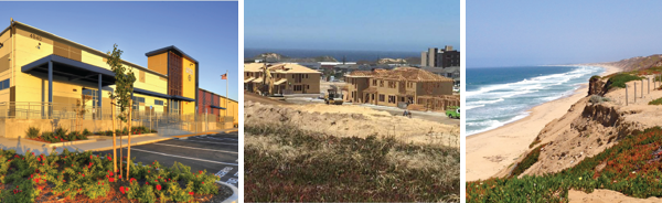 Three scenes from the former Fort Ord Army Base showing a retail center, construction of residences, and a dune