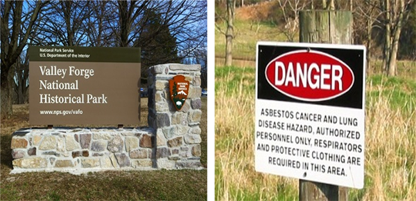 An NPS sign for the Valley Forge National History Park, and an Asbestos Danger sign