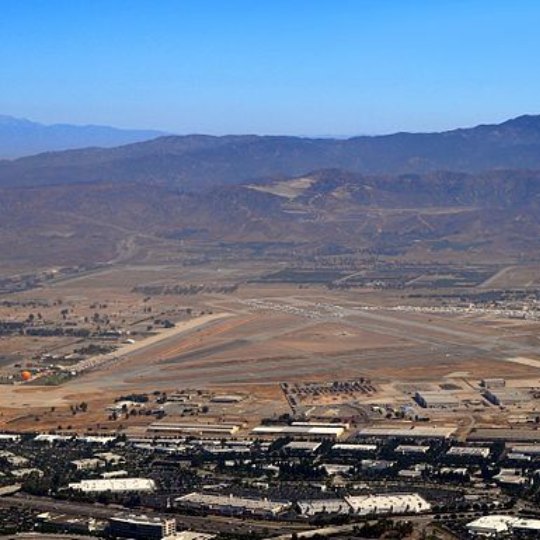 Aerial Photo of F.E. Warren Air Force Base, mountains in the background