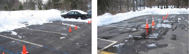Accumulation of standing water in a parking lot after snow melt. Comparison between porous pavement (left) and regular pavement (right). Source: UNH Stormwater Center
