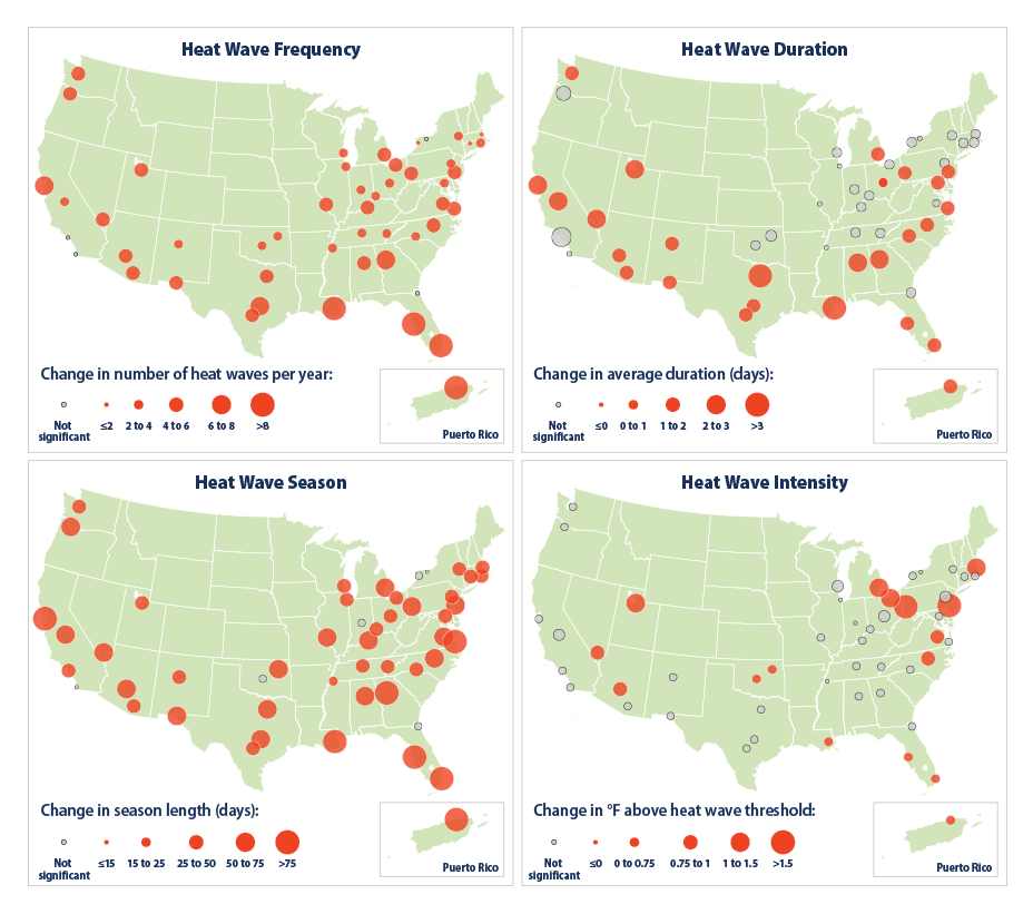 Set of four maps that show long-term changes from 1960 through 2019 for four characteristics of heat waves: the number that occur each year, their duration in number of days, the length of the annual heat wave season in days, and the intensity. 