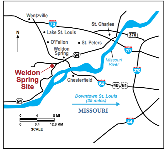 Map of roads around the Weldon Spring Site in Missouri