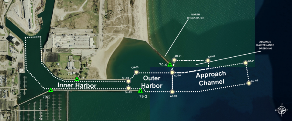 Map overlay of the navigation area including the inner harbor, outer harbor and approach channel