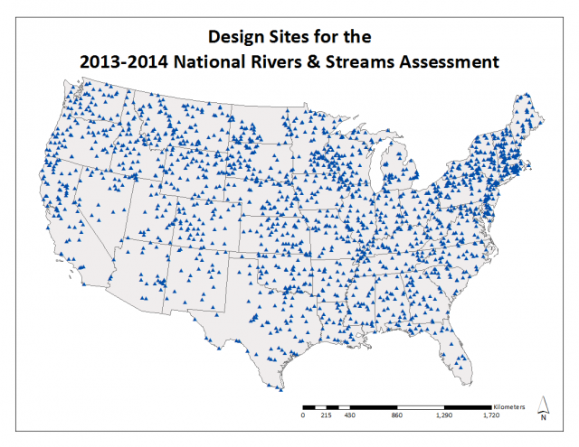 Map of the United States showing the sites originally selected for sampling for the National Rivers and Streams Assessment 2013-2014. Sites are spread out across the entire conterminous U.S.
