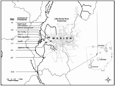 Figure 4. Map of the Little Scioto river showing locations of tributaries, roads, and possible sources