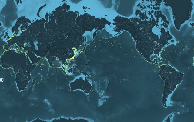 This map highlights how container ship traffic is driven by, and facilitates, the economic emergence of developing countries, particularly in Asia. 