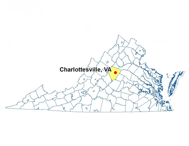 A map of Virginia highlighting the location of Charlottesville