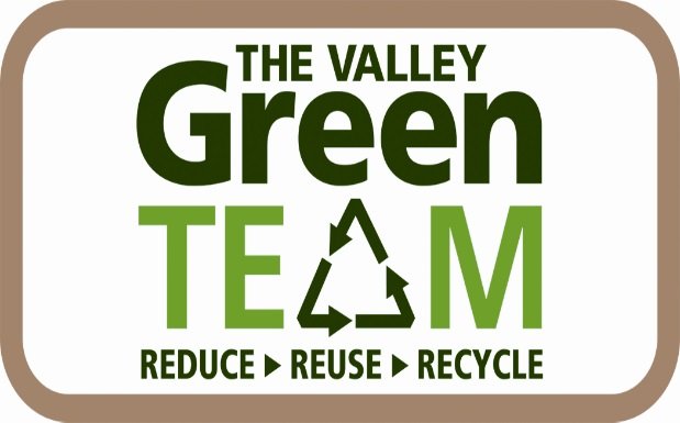 The is a logo that reads, in two shades of green: The Valley Green Team, Reduce Reuse Recycle. The letter a in the word team is a recycling symbol, and the words The Valley Green Team are more prominent than the words reduce reuse recycle.