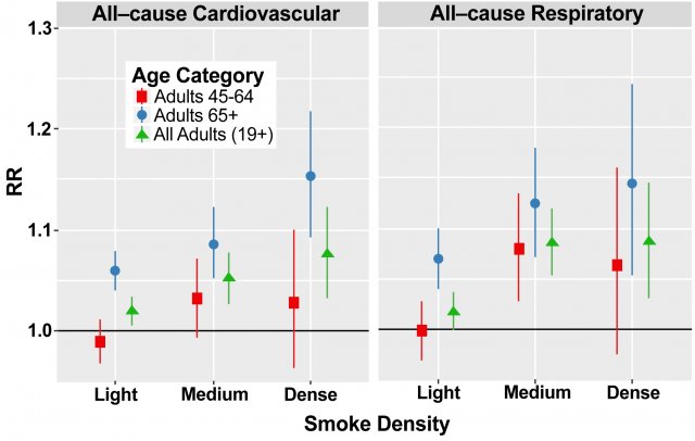 Data plot showing relative risk for cardiovascular and respiratory outcomes increases as smoke density increases