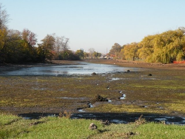 Photo of Lake Okonoka was drained in the fall of 2017 to prepare for construction of channels and deep pools. 