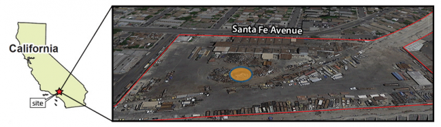 Aerial view of Central Metal site with boundaries marked in red and soil pile found to be hazardous is circled.