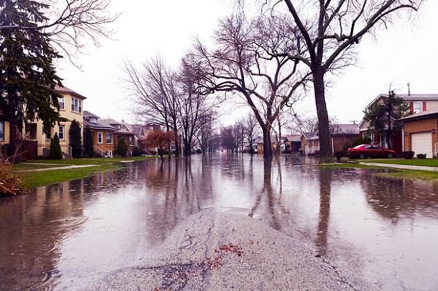 Flooded street in a suburban neightborhood.