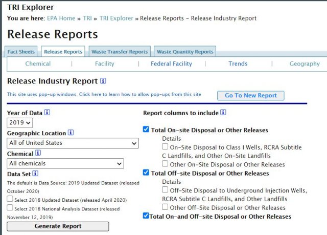 Screenshot from TRI Explorer search interface.