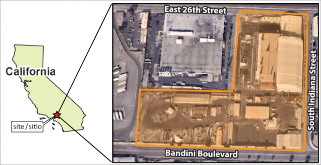 Mapa de California con Vernon, CA. La foto aérea muestra los límites de la antigua instalación de Exide con East 26th Street al norte, South Indiana Street al este y Bandini Boulevard al sur.
