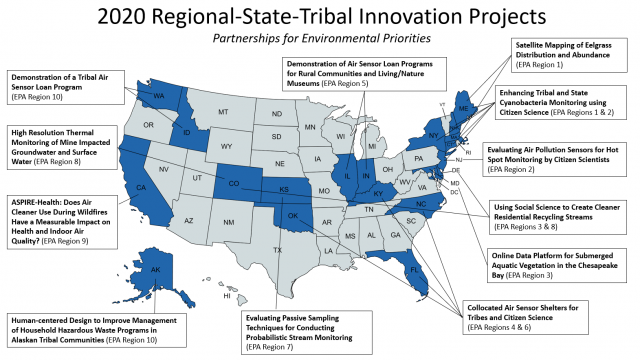 Map showing state locations of 2020 Regional State and Tribal Innovation Projects