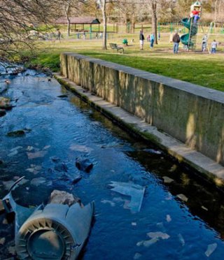 Photo of an urban stream with vegetation.