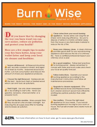 burn wise tip sheet containing 10 tips for better wood burning