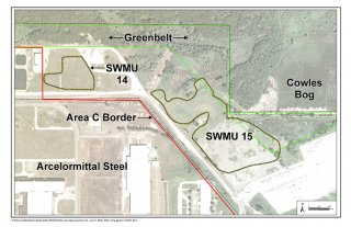 Aerial overview of NIPSCO SWMU 15, SWMU 14 and Greenbelt area