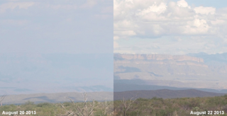 The image shows two pictures side-by-side to compare the air quality at Big Bend National Park from the same location. The left picture has very thick smog, and the mountain at the distance cannot be made out. The right picture shows a slightly more clear image of the mountain and sky, but there is still a layer of haze. The dates taken are on August 20, 2013 and August 22, 2013.