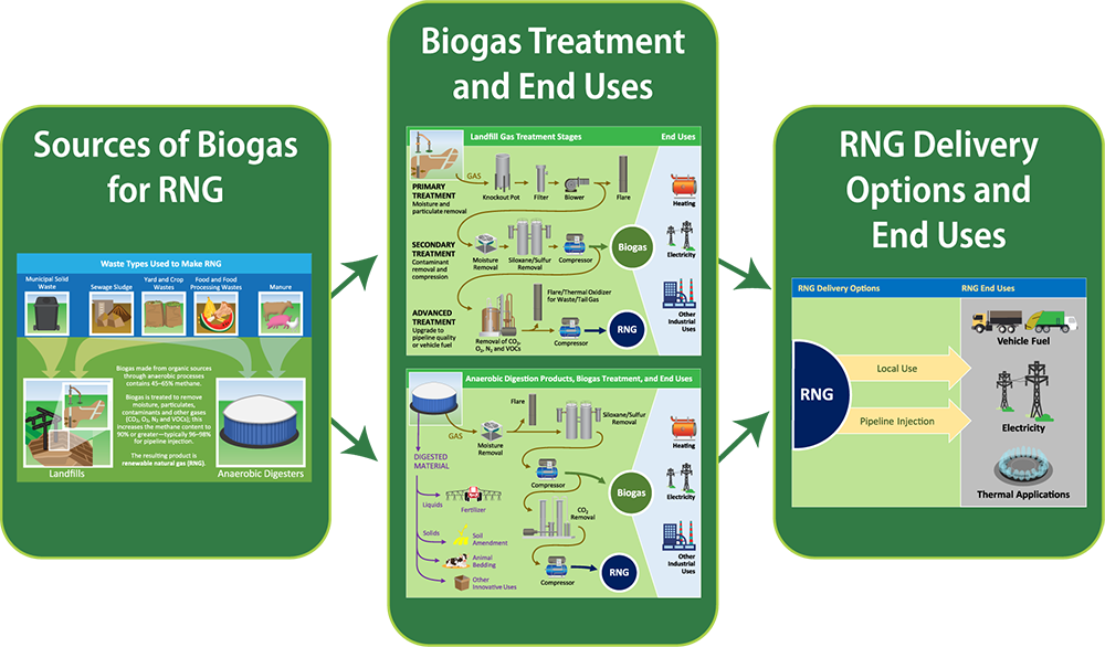 A flowchart with four small clickable diagram images. The first diagram shows sources of biogas that can be used to create renewable natural gas. The second diagram shows treatment stages for landfill gas to be used as biogas. The third diagram shows treatment stages for anaerobic digester gas to be used as biogas. The fourth diagram shows basic delivery methods and end uses of renewable natural gas. Clicking on any of the small diagram images will open a full-size version of that diagram with more information about its contents.