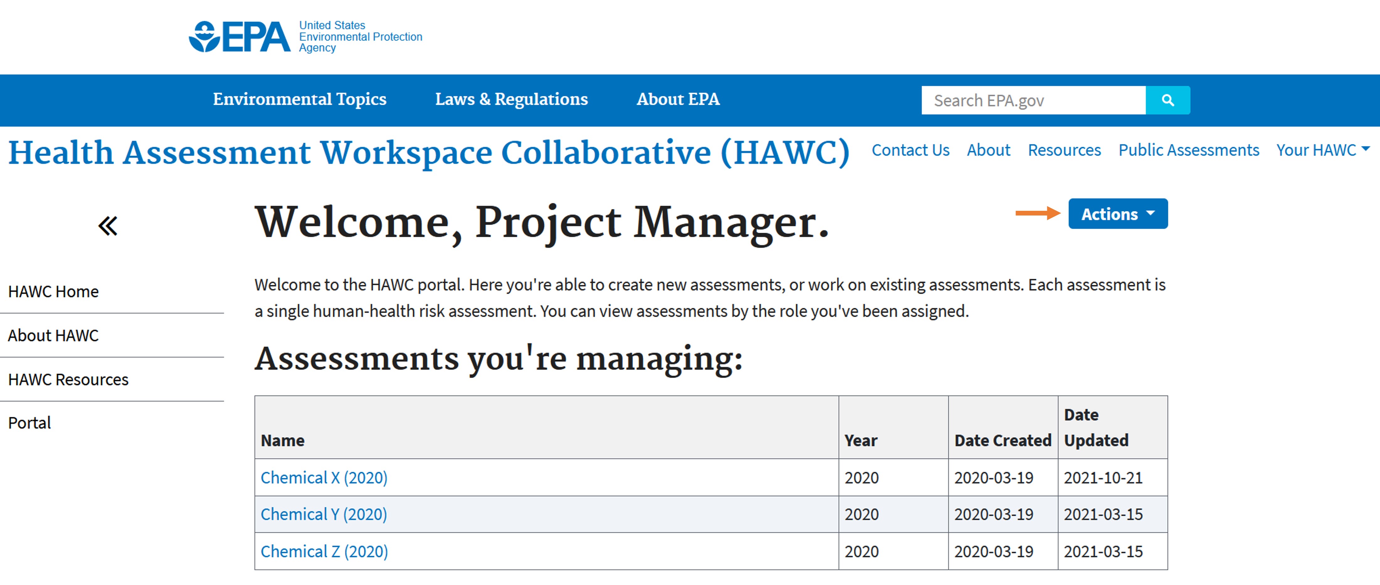 Illustration of the HAWC project managers welcome screen showing existing assessments