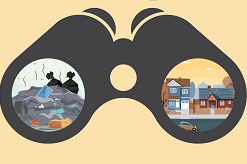 pair of cartoon binoculars with an image of garbage in one lens and a community in the other.